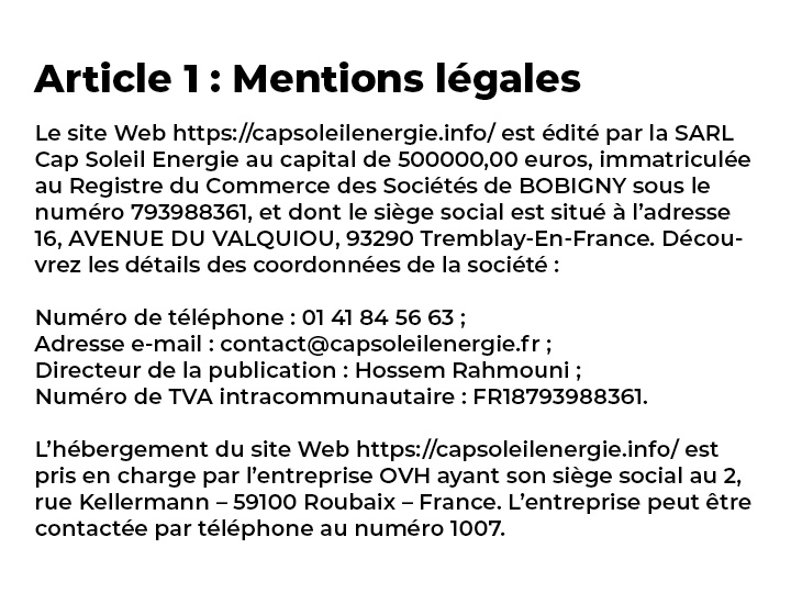 Mentions légales cap soleil energie info